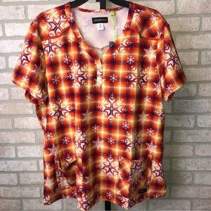 NWT Planet Koi orange plaid snowflake pattern short sleeve scrub top
